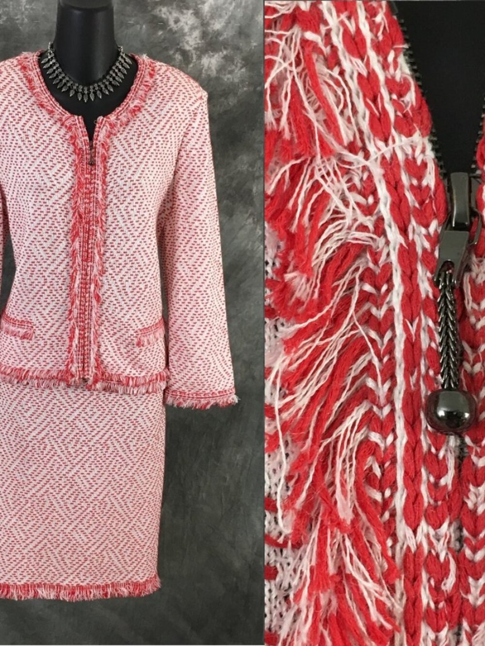 BEAUTIFUL St John knit red white multi fringe jacket skirt suit size 10